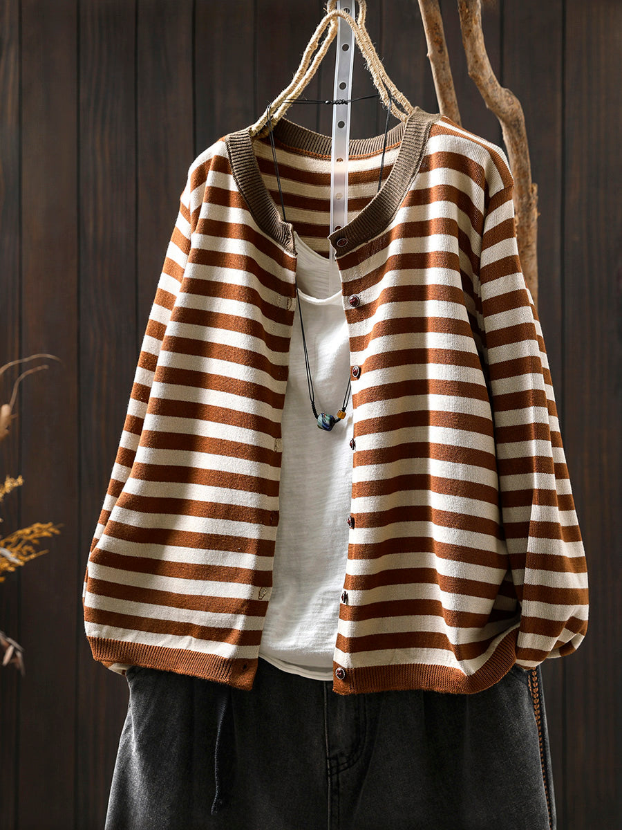 Women Fall Casual Striped Knit Cardigan Outerwear