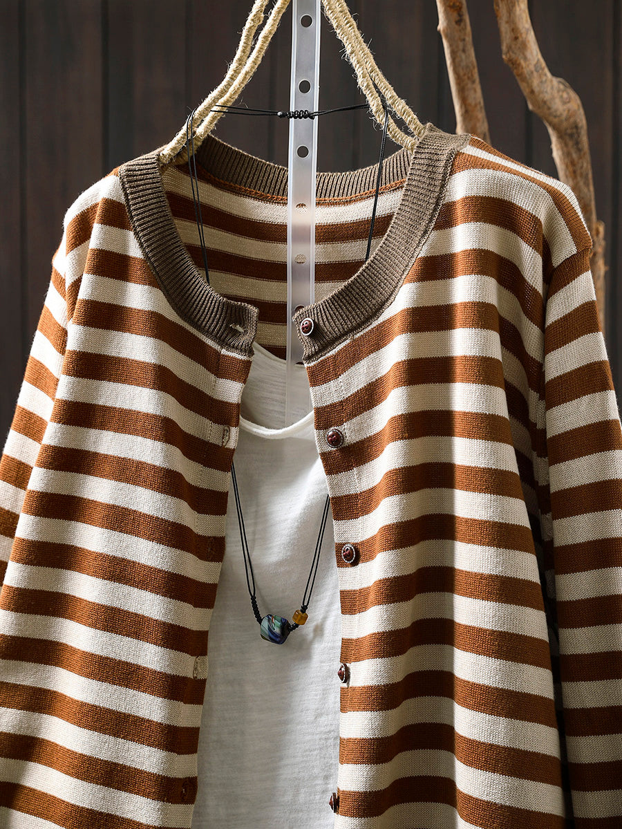 Women Fall Casual Striped Knit Cardigan Outerwear