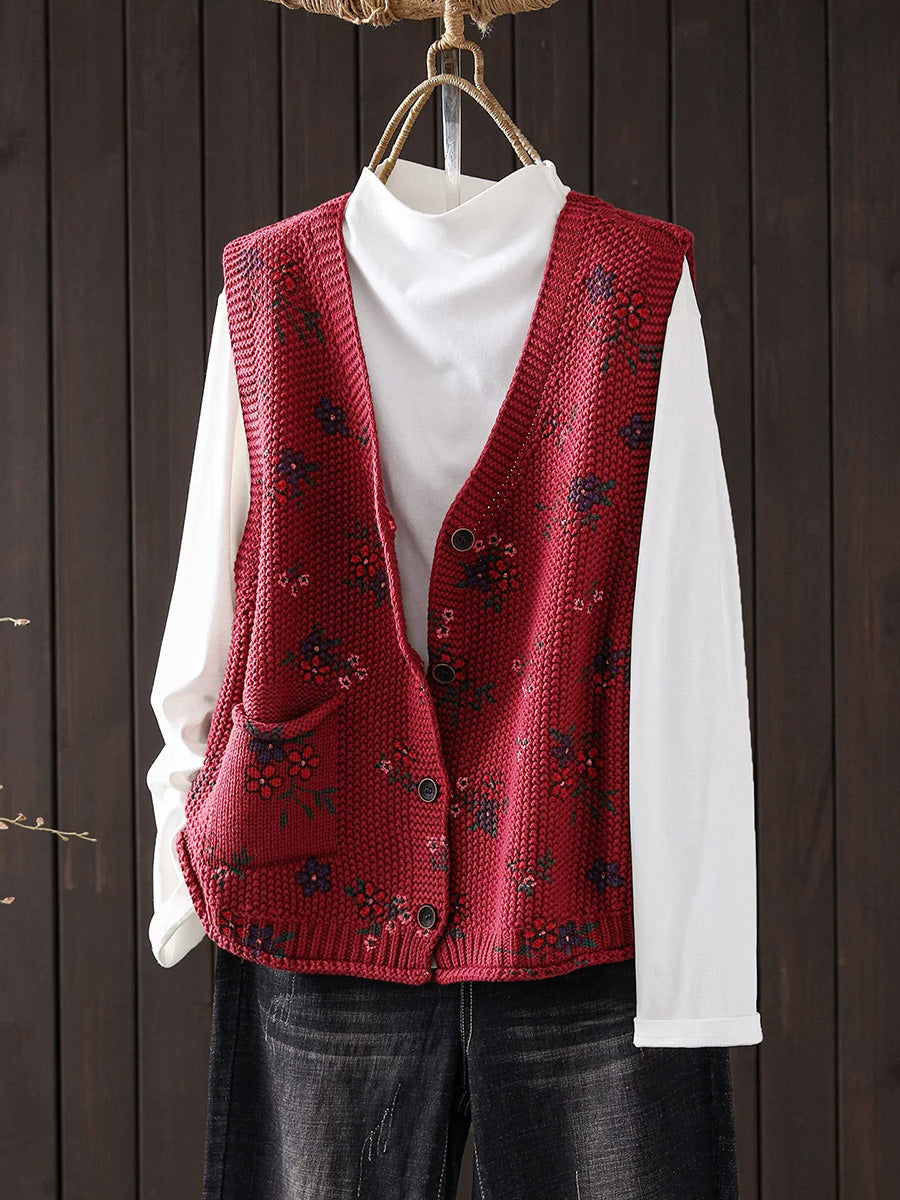 Women Fall Vintage Floral Print V-Neck Cotton Knitted Vest