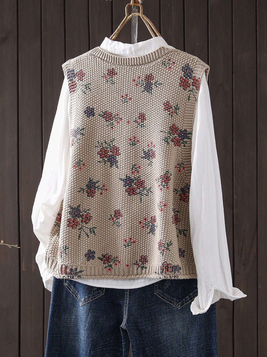 Women Fall Vintage Floral Print V-Neck Cotton Knitted Vest