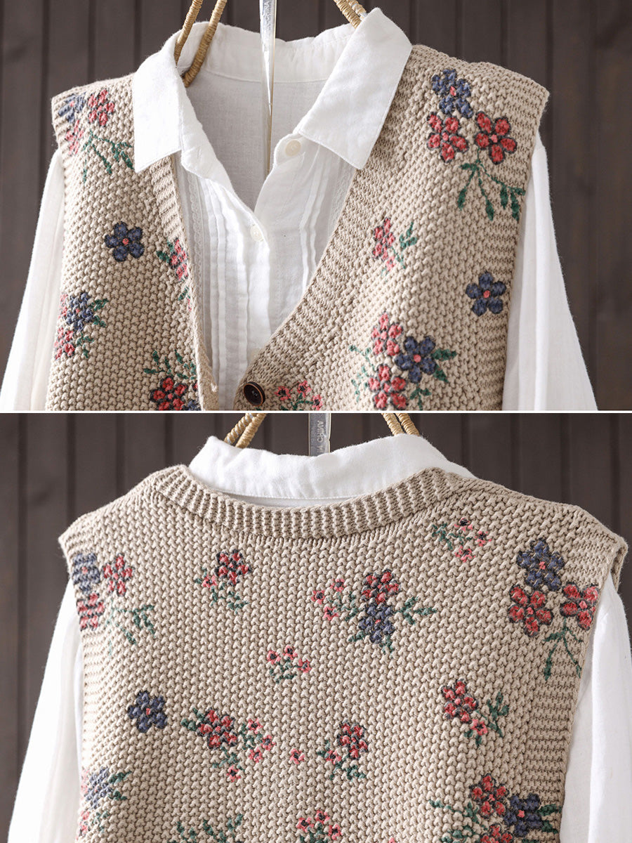 Women Fall Vintage Floral Print V-Neck Cotton Knitted Vest