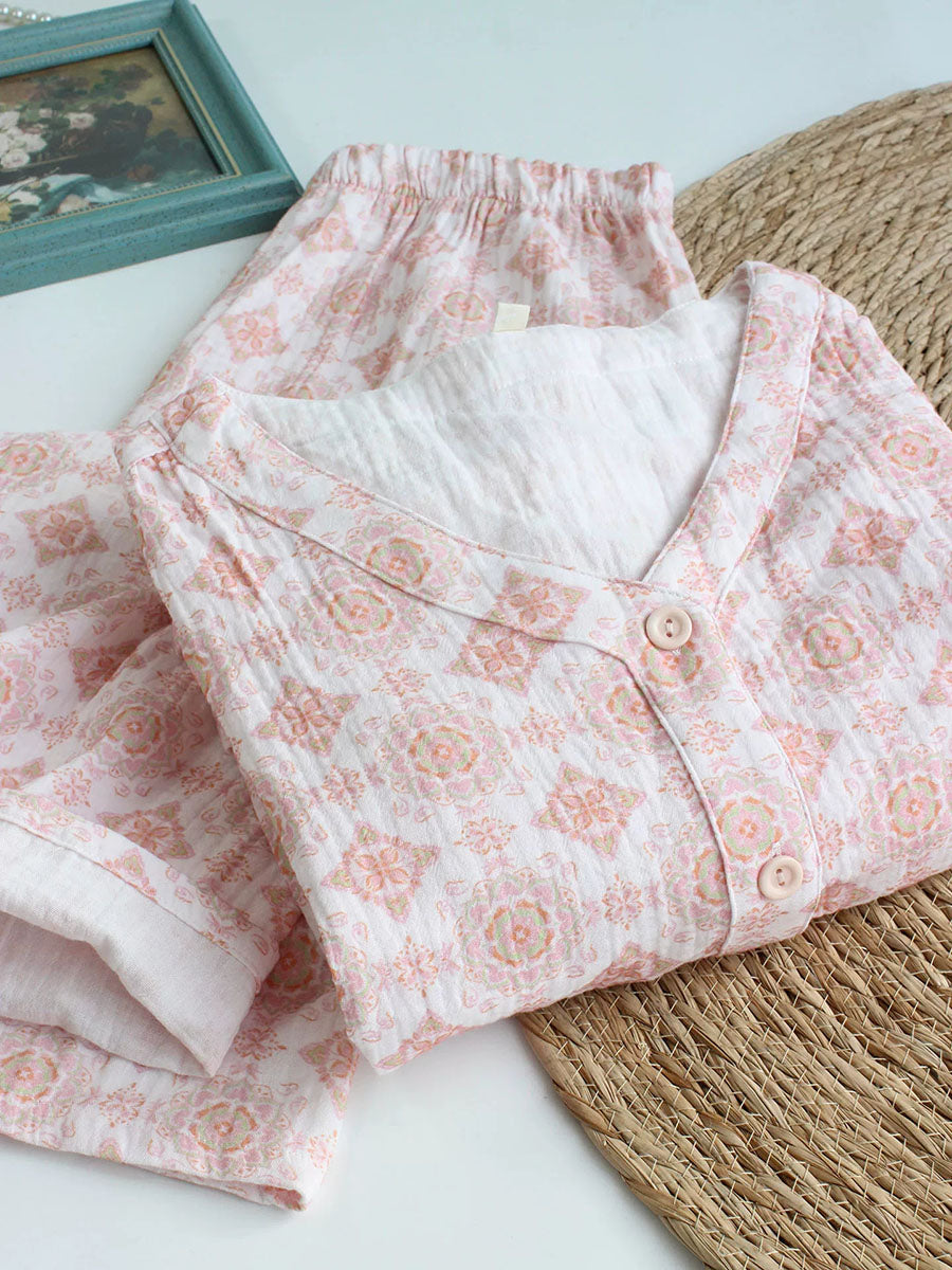 Women Floral Crinkle V-Neck Comfortable Cotton Pajama Set