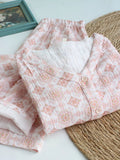 Women Floral Crinkle V-Neck Comfortable Cotton Pajama Set
