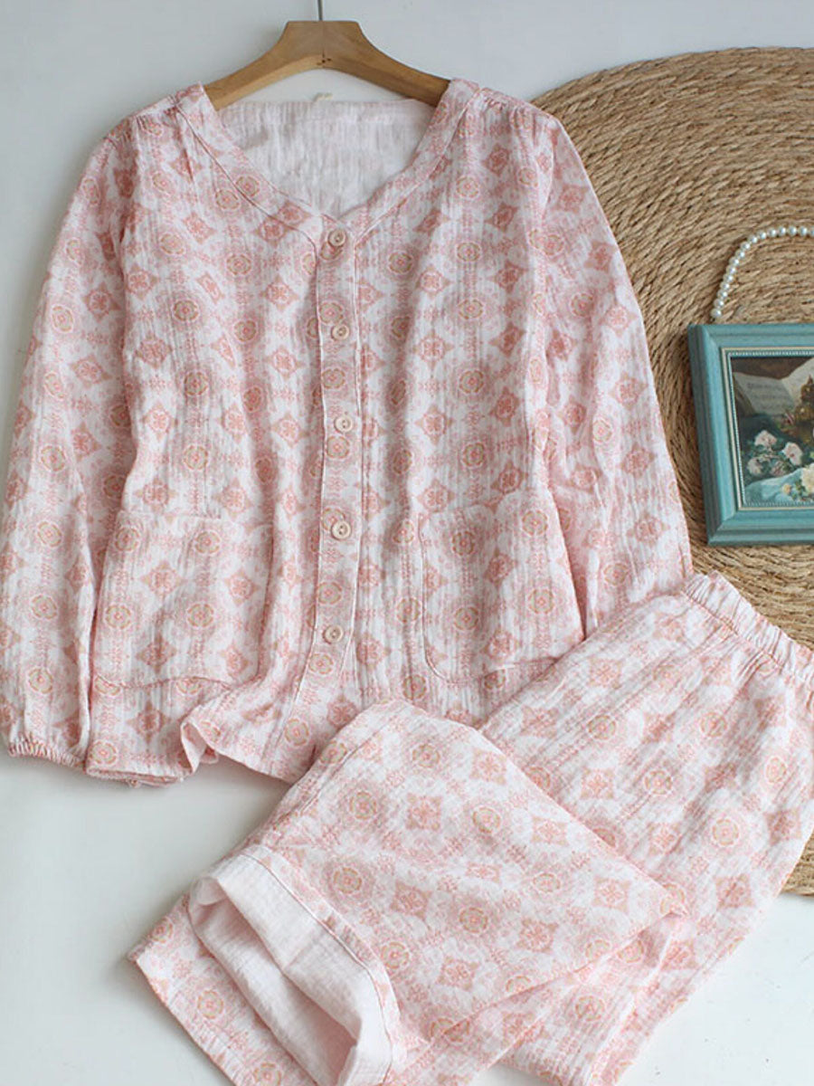 Women Floral Crinkle V-Neck Comfortable Cotton Pajama Set