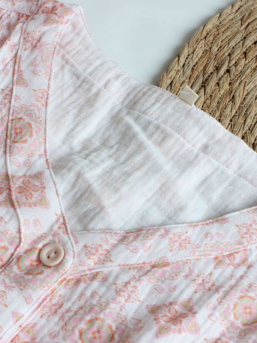 Women Floral Crinkle V-Neck Comfortable Cotton Pajama Set