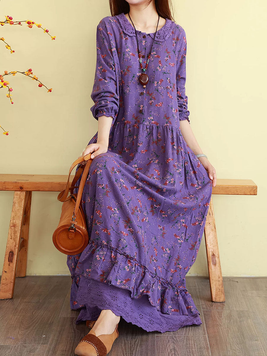 Women Fall Vintage Floral Long Sleeve Cotton Maxi Dress
