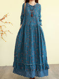 Women Fall Vintage Floral Long Sleeve Cotton Maxi Dress