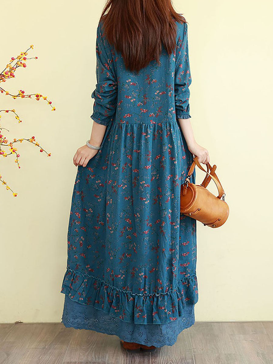 Women Fall Vintage Floral Long Sleeve Cotton Maxi Dress