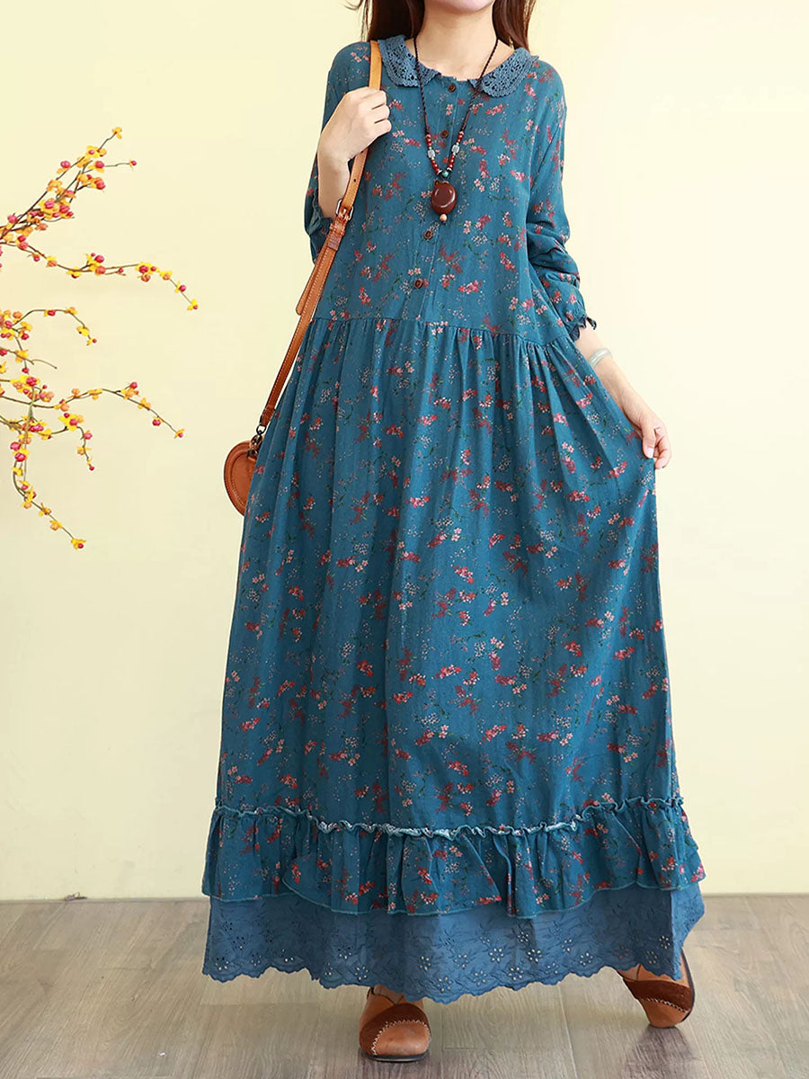 Women Fall Vintage Floral Long Sleeve Cotton Maxi Dress