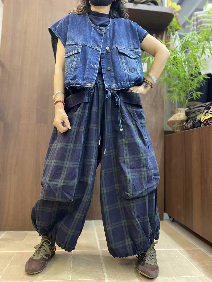 Plus Size Women Vintage Plaid Big Pocket Wide-Leg Pants