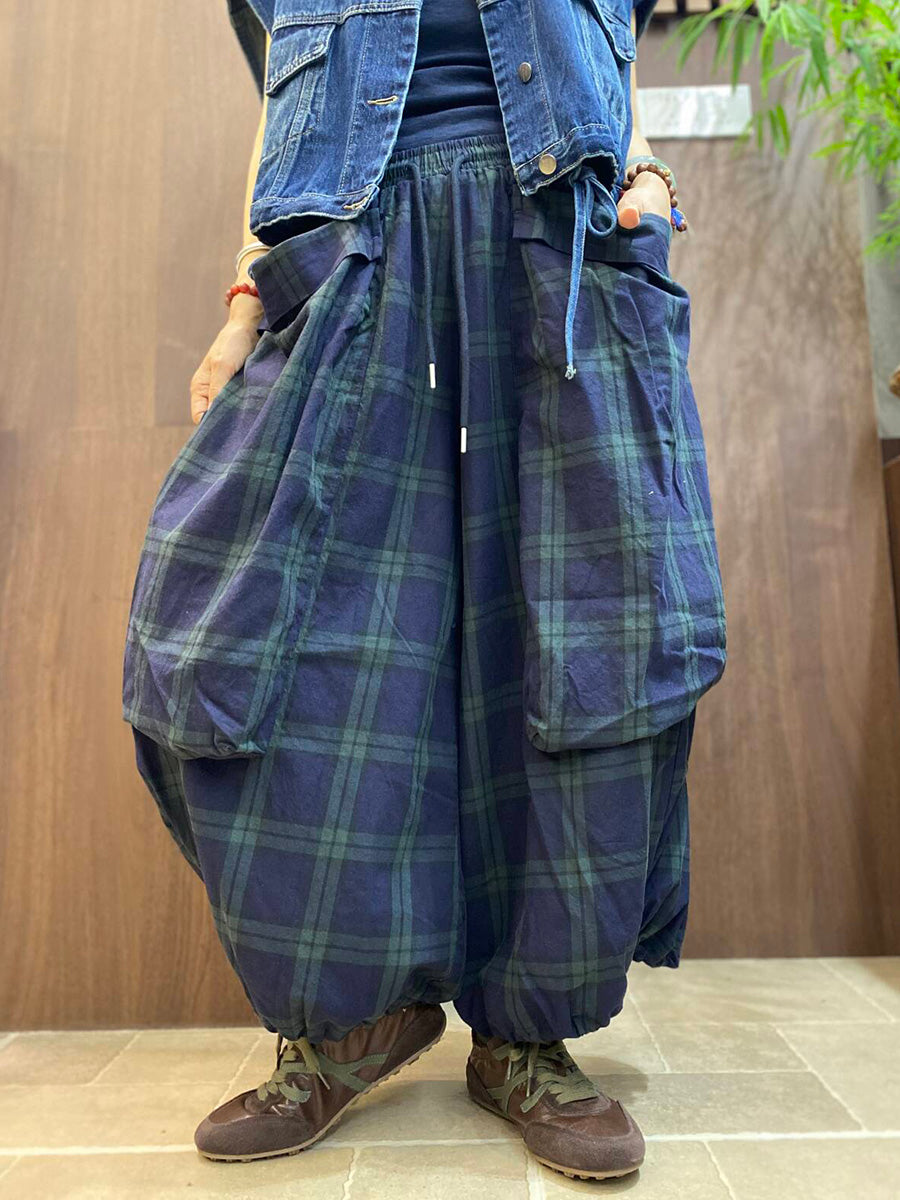 Plus Size Women Vintage Plaid Big Pocket Wide-Leg Pants