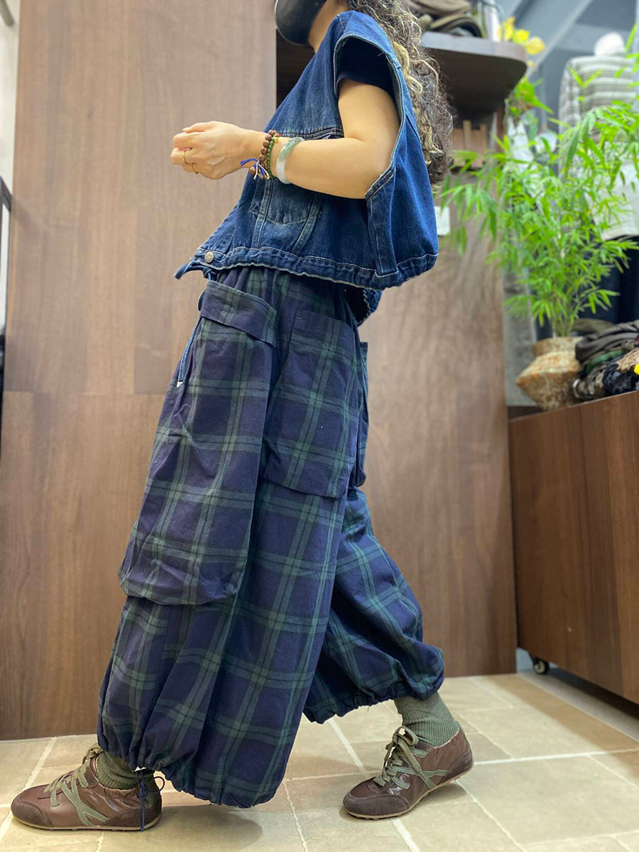 Plus Size Women Vintage Plaid Big Pocket Wide-Leg Pants