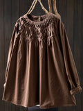 Plus Size Women Elegant Cotton Pleated Long Sleeve Blouse