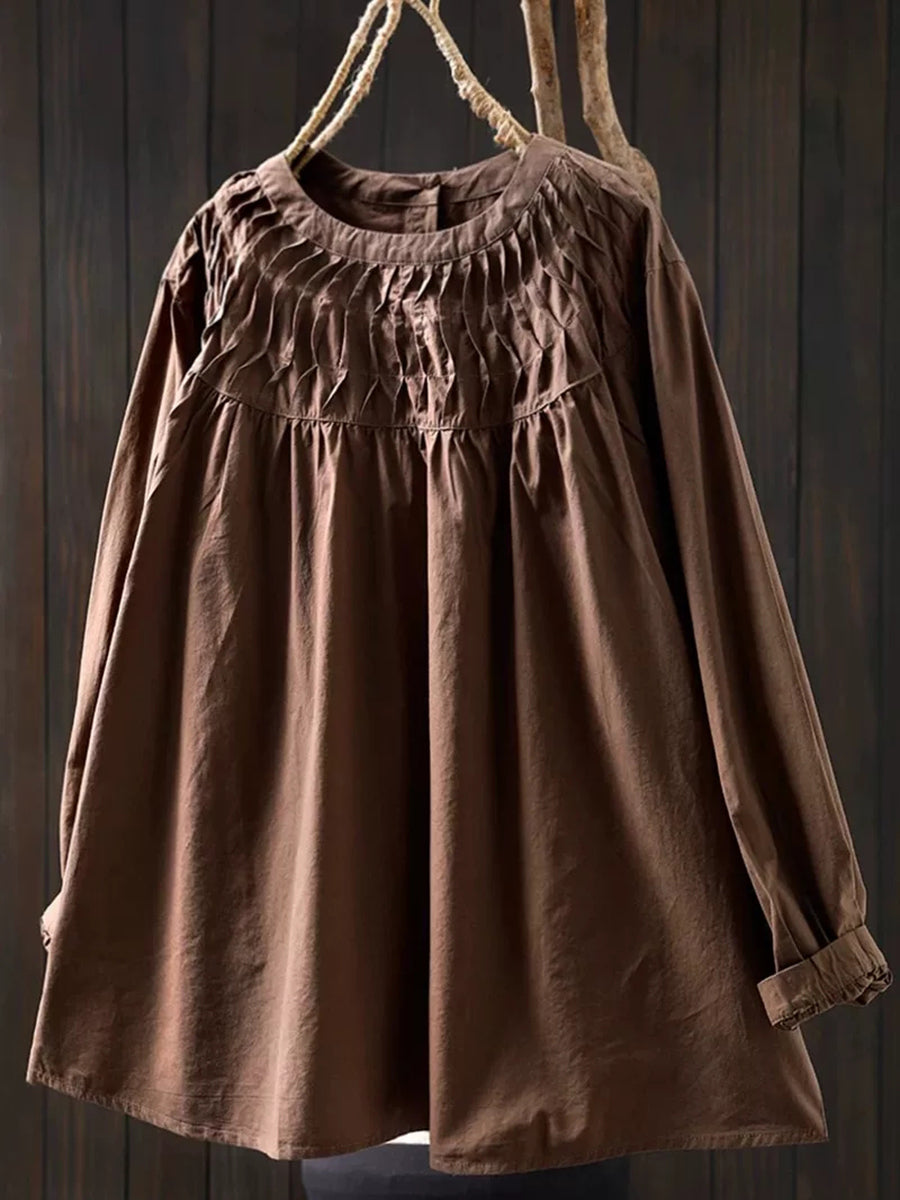 Plus Size Women Elegant Cotton Pleated Long Sleeve Blouse