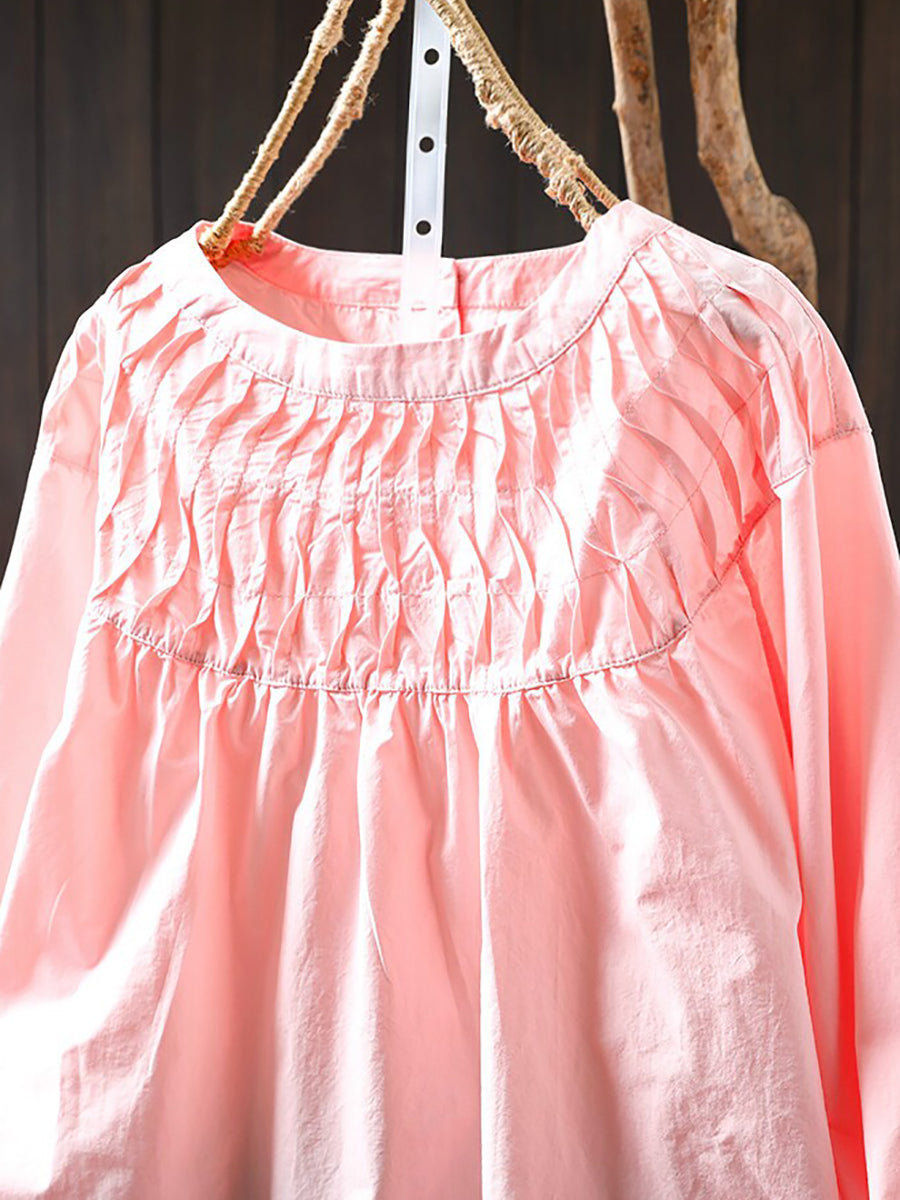 Plus Size Women Elegant Cotton Pleated Long Sleeve Blouse