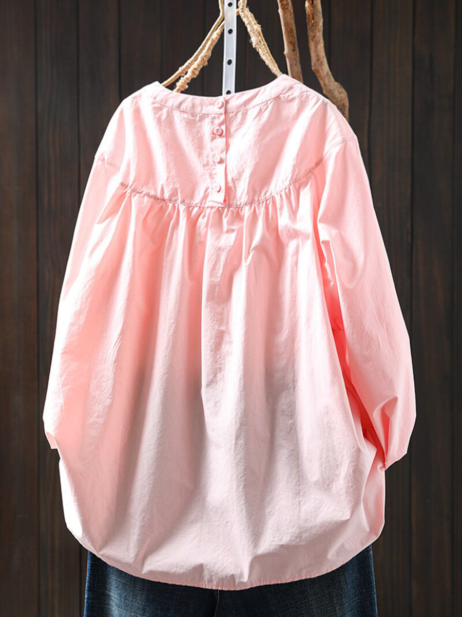 Plus Size Women Elegant Cotton Pleated Long Sleeve Blouse