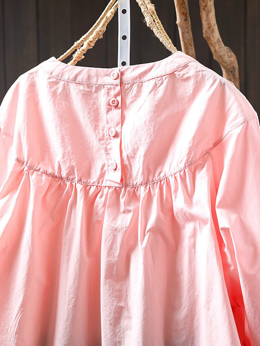 Plus Size Women Elegant Cotton Pleated Long Sleeve Blouse