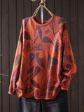 Women Vintage Botanical Print Crew Neck Knit Sweater