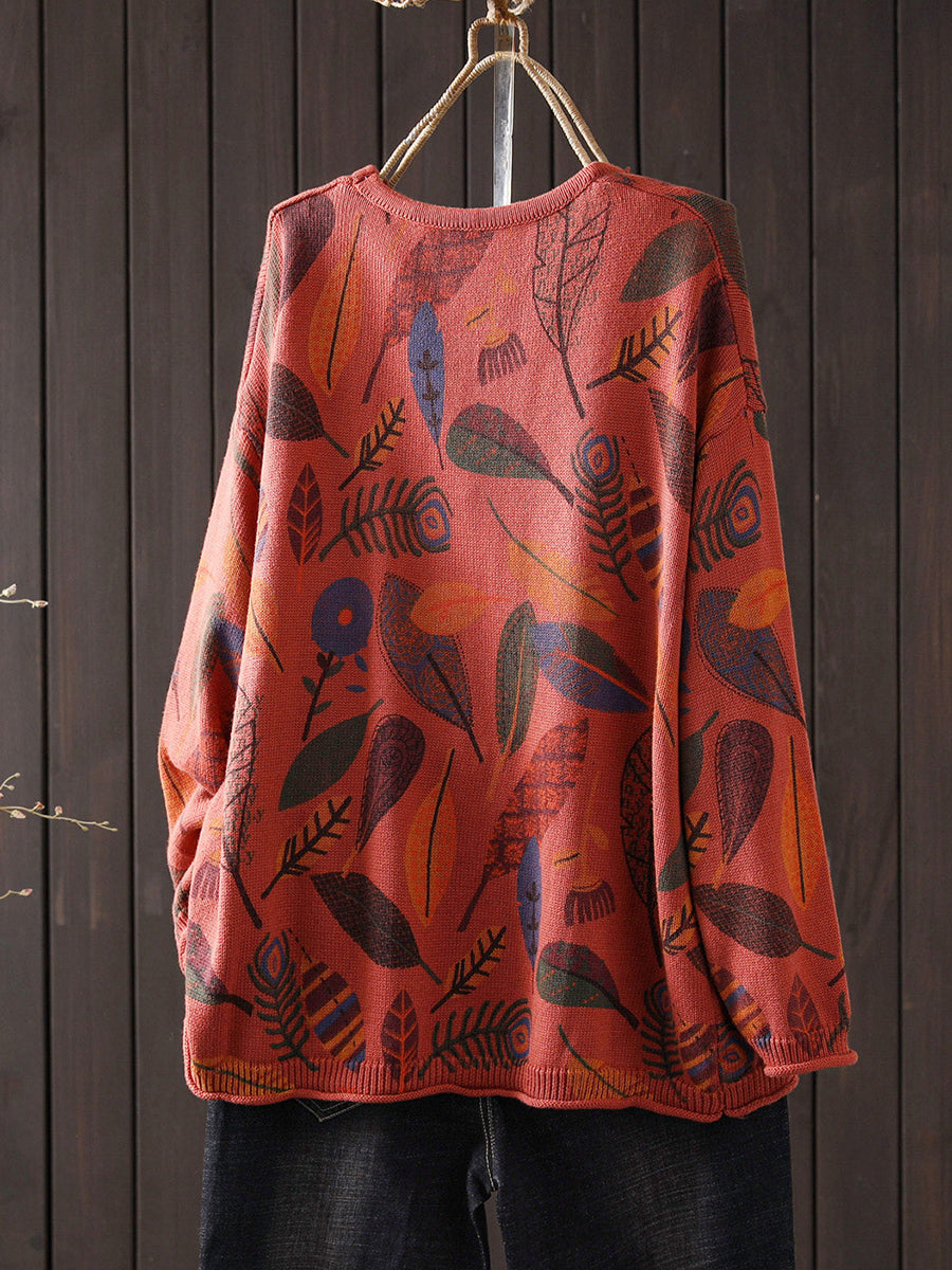 Women Vintage Botanical Print Crew Neck Knit Sweater