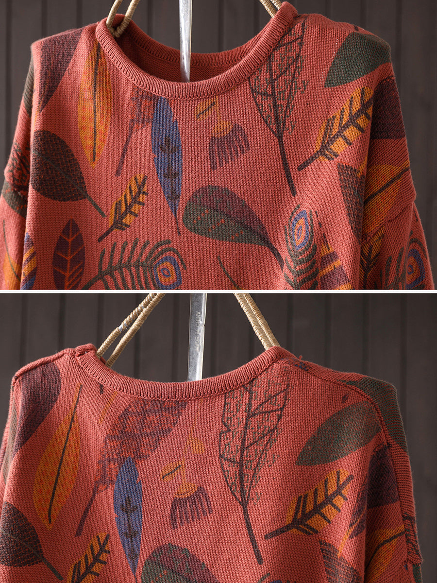 Women Vintage Botanical Print Crew Neck Knit Sweater