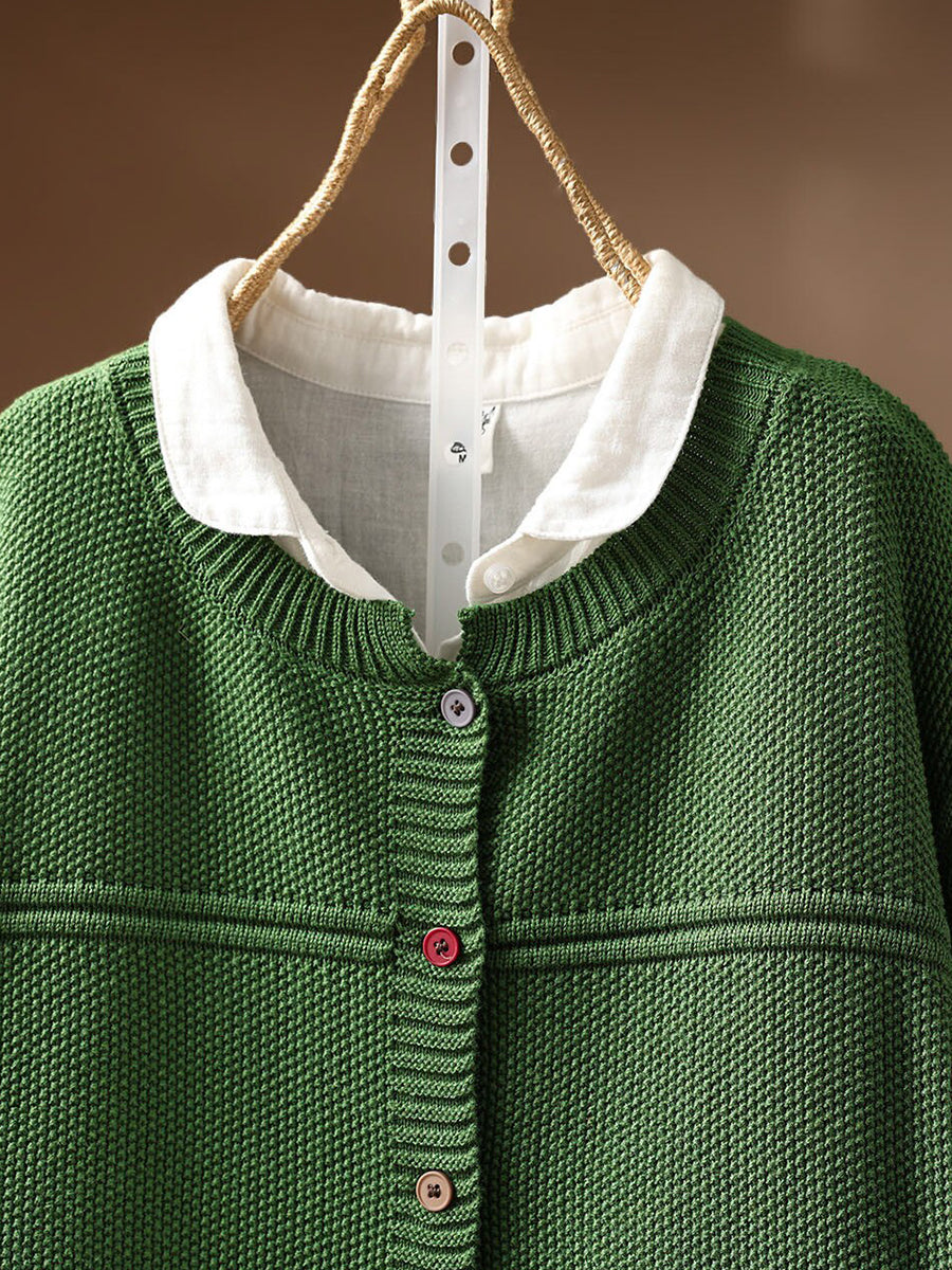 Women Fall Casual Pure Color Crew Neck Loose Knit Cardigan
