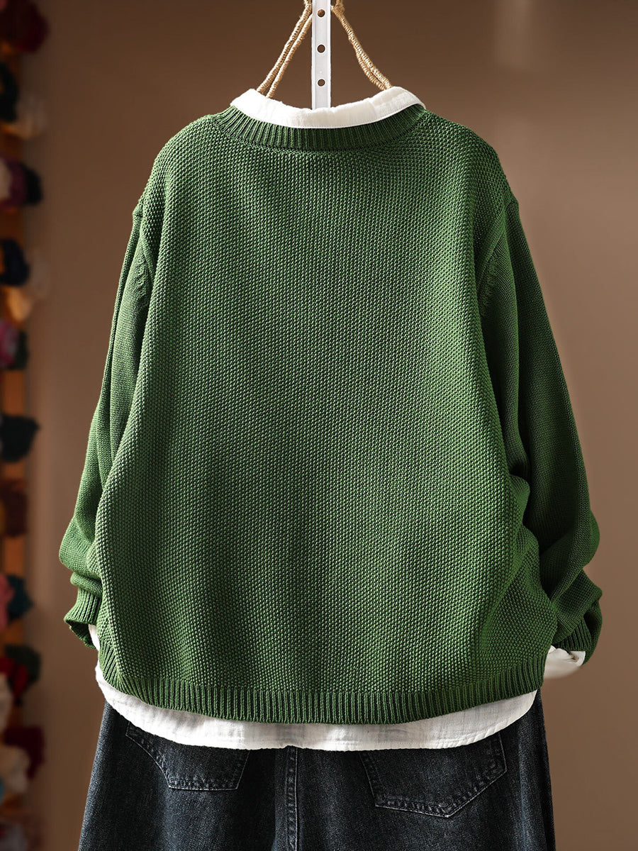 Women Fall Casual Pure Color Crew Neck Loose Knit Cardigan