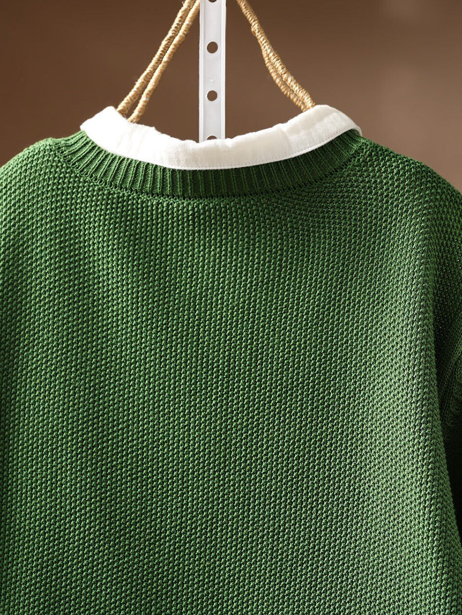 Women Fall Casual Pure Color Crew Neck Loose Knit Cardigan