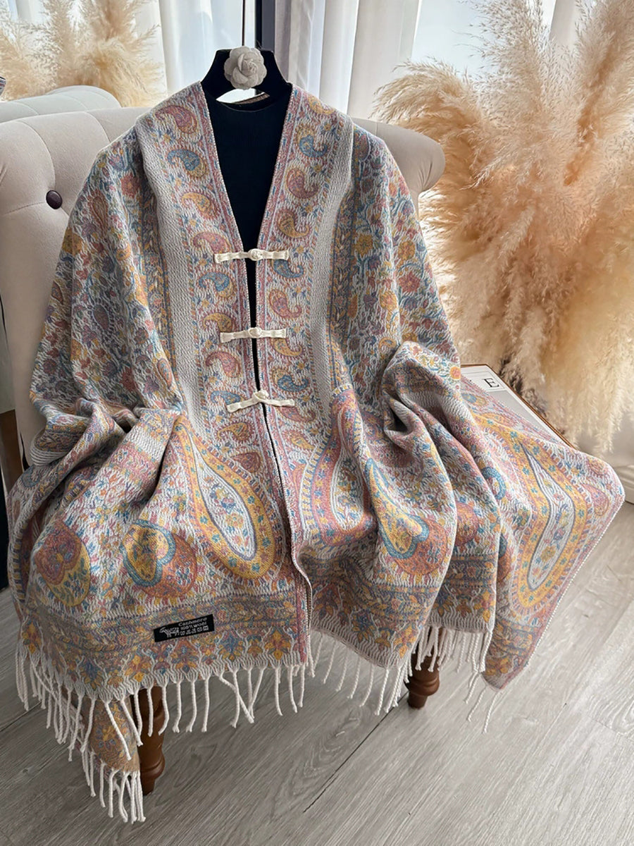 Women Paisley Jacquard New Chinese Style Frog-Button Versatile Shawl