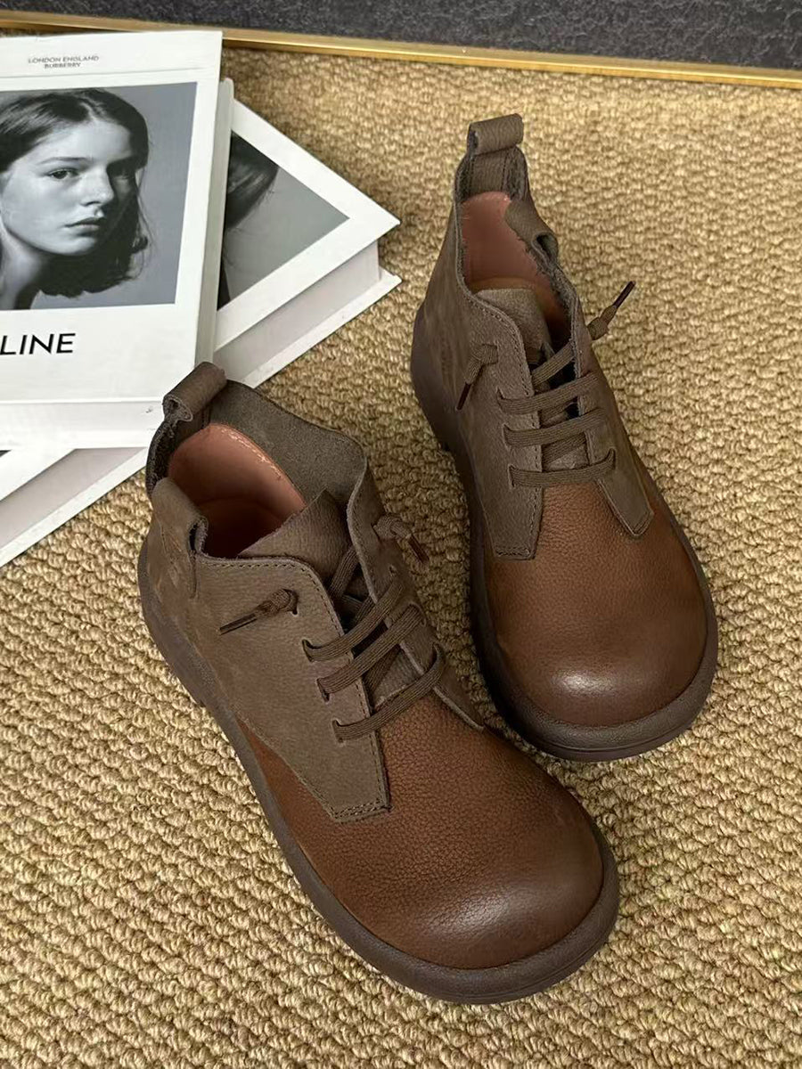 Women Autumn Retro Genuine Leather Color Block Slip-On Ankle Boots