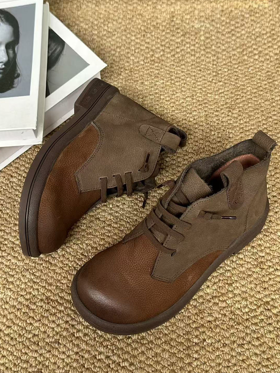 Women Autumn Retro Genuine Leather Color Block Slip-On Ankle Boots