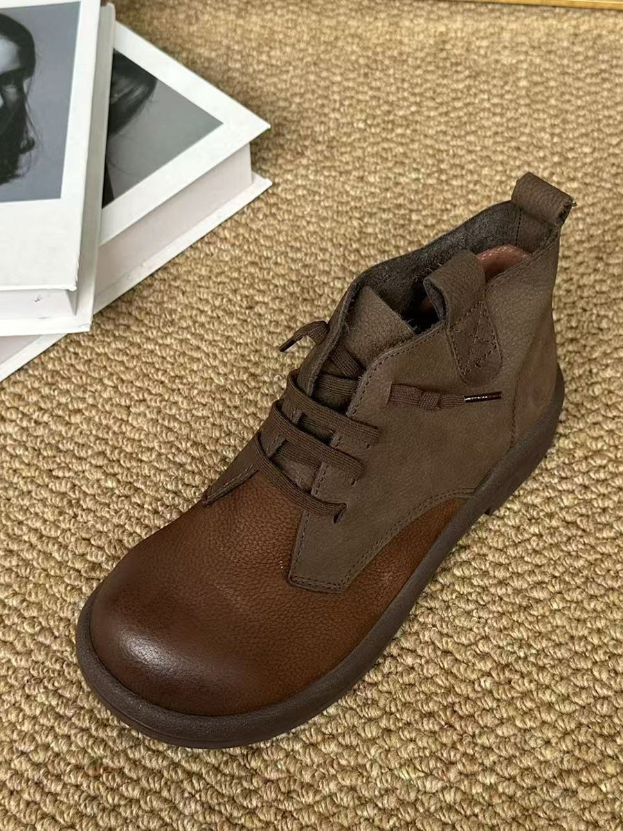 Women Autumn Retro Genuine Leather Color Block Slip-On Ankle Boots