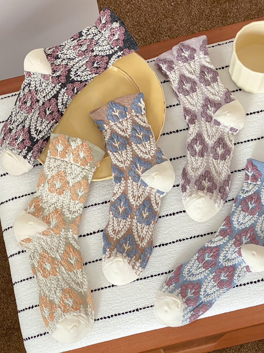 5 Pairs Women Floral Jacquard Mid-Calf Cotton Socks