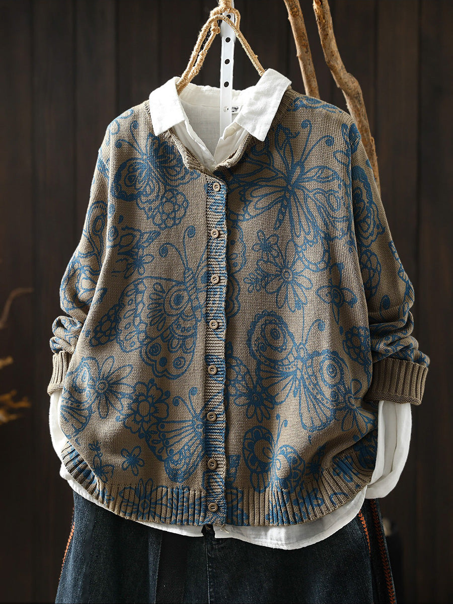 Women Fall Print Artsy Long Sleeve Cotton Cardigan