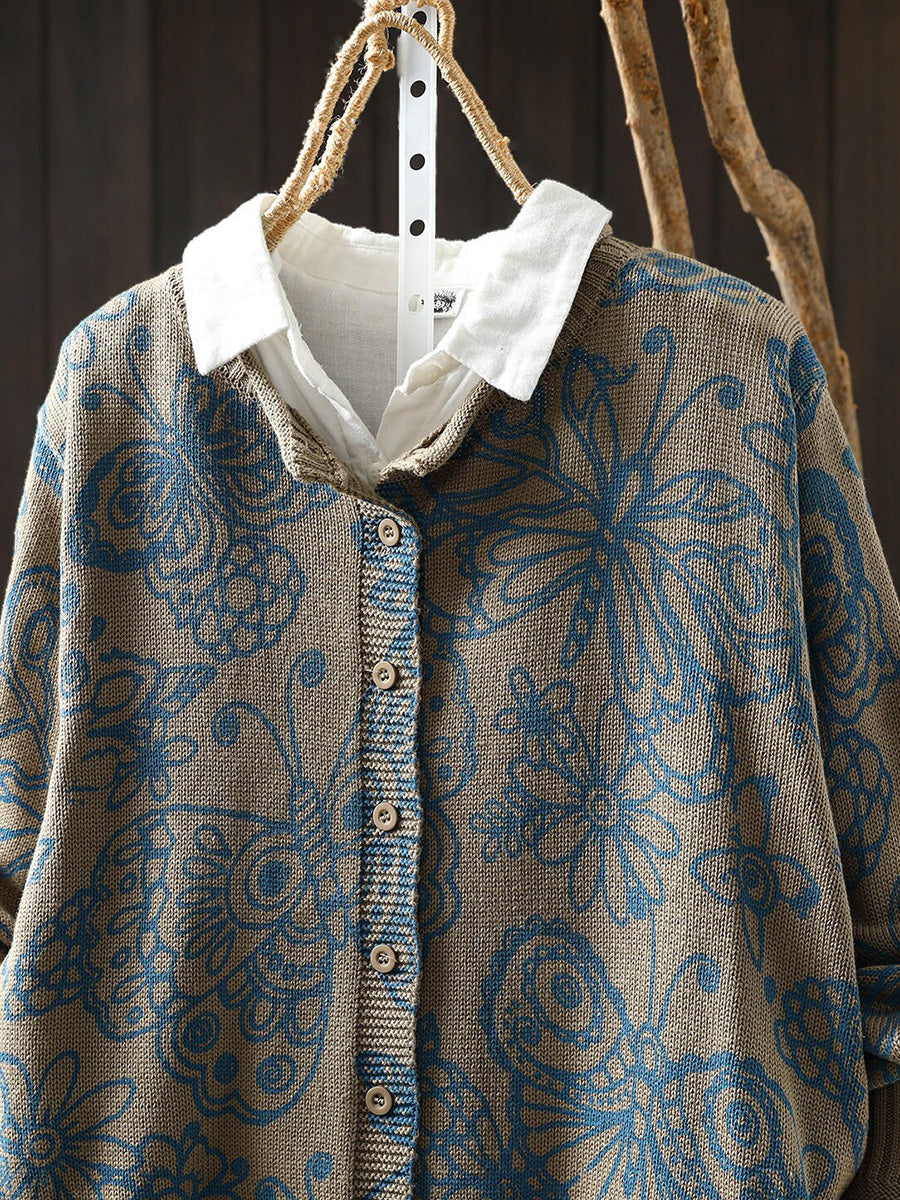 Women Fall Print Artsy Long Sleeve Cotton Cardigan