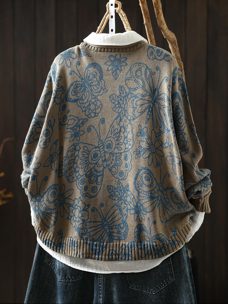 Women Fall Print Artsy Long Sleeve Cotton Cardigan