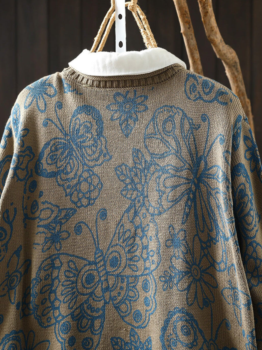 Women Fall Print Artsy Long Sleeve Cotton Cardigan