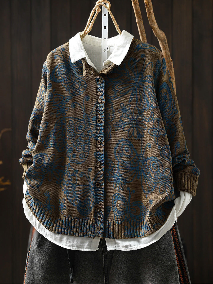 Women Fall Print Artsy Long Sleeve Cotton Cardigan