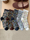 5 Pairs Women Autumn Winter Embossed Floral Mid-Calf Cotton Socks