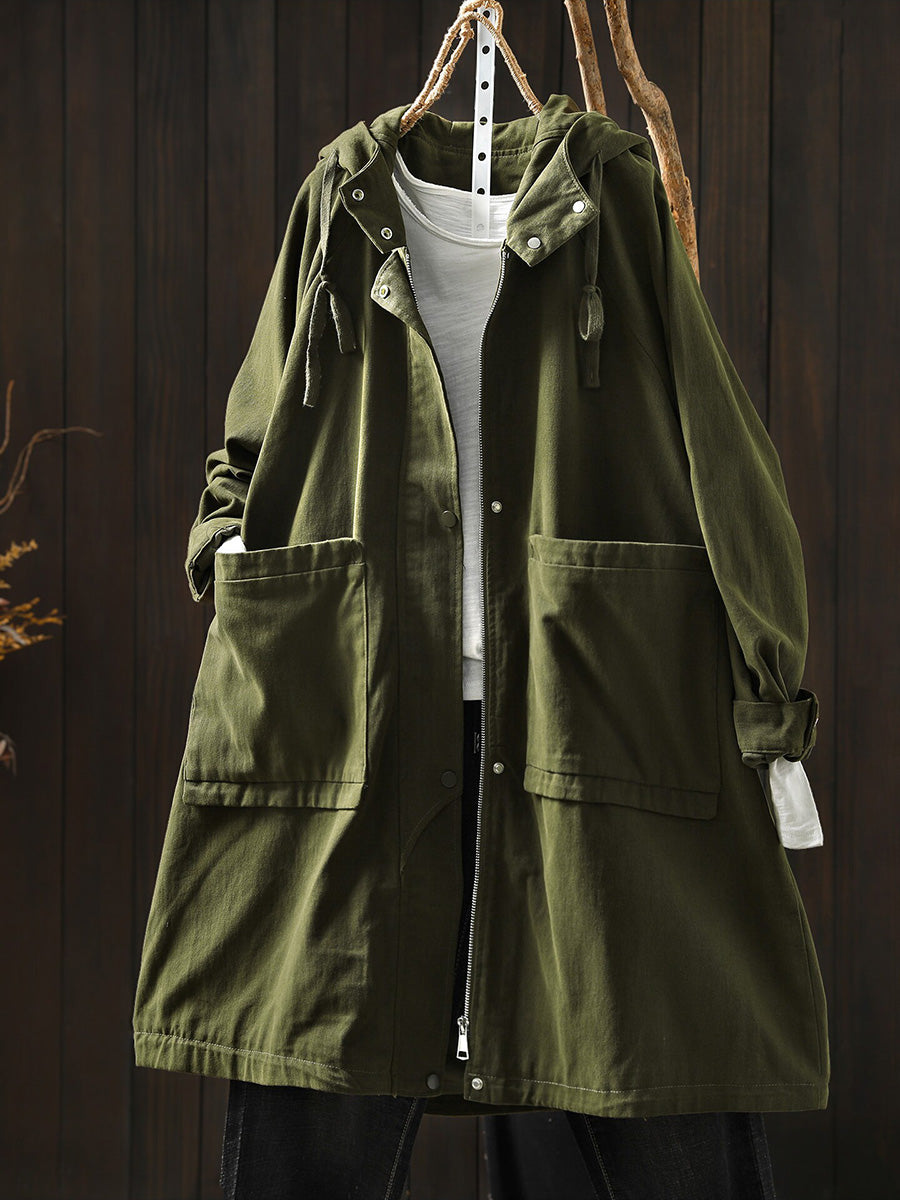 Plus Size Women Fall Casual Solid Color Mid Length Hooded Trench Coat