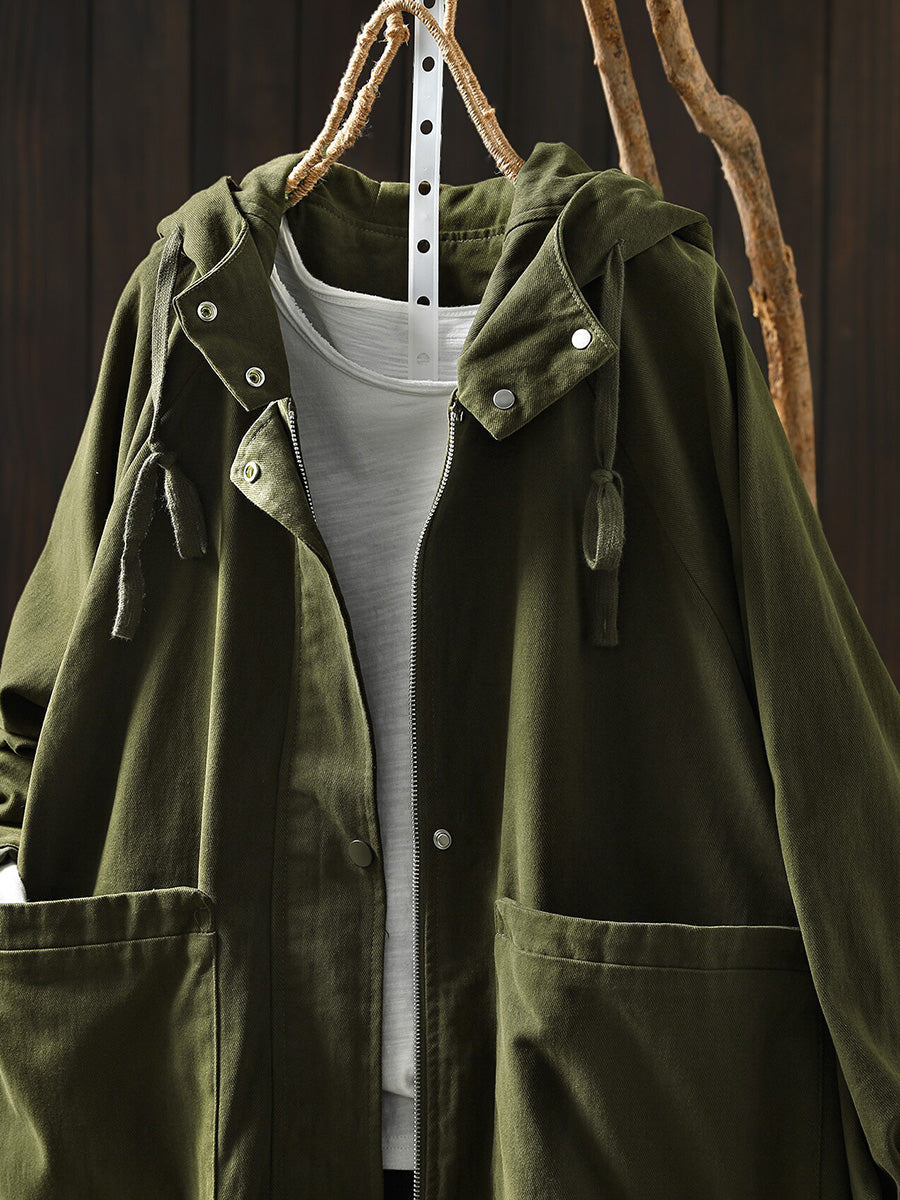 Plus Size Women Fall Casual Solid Color Mid Length Hooded Trench Coat