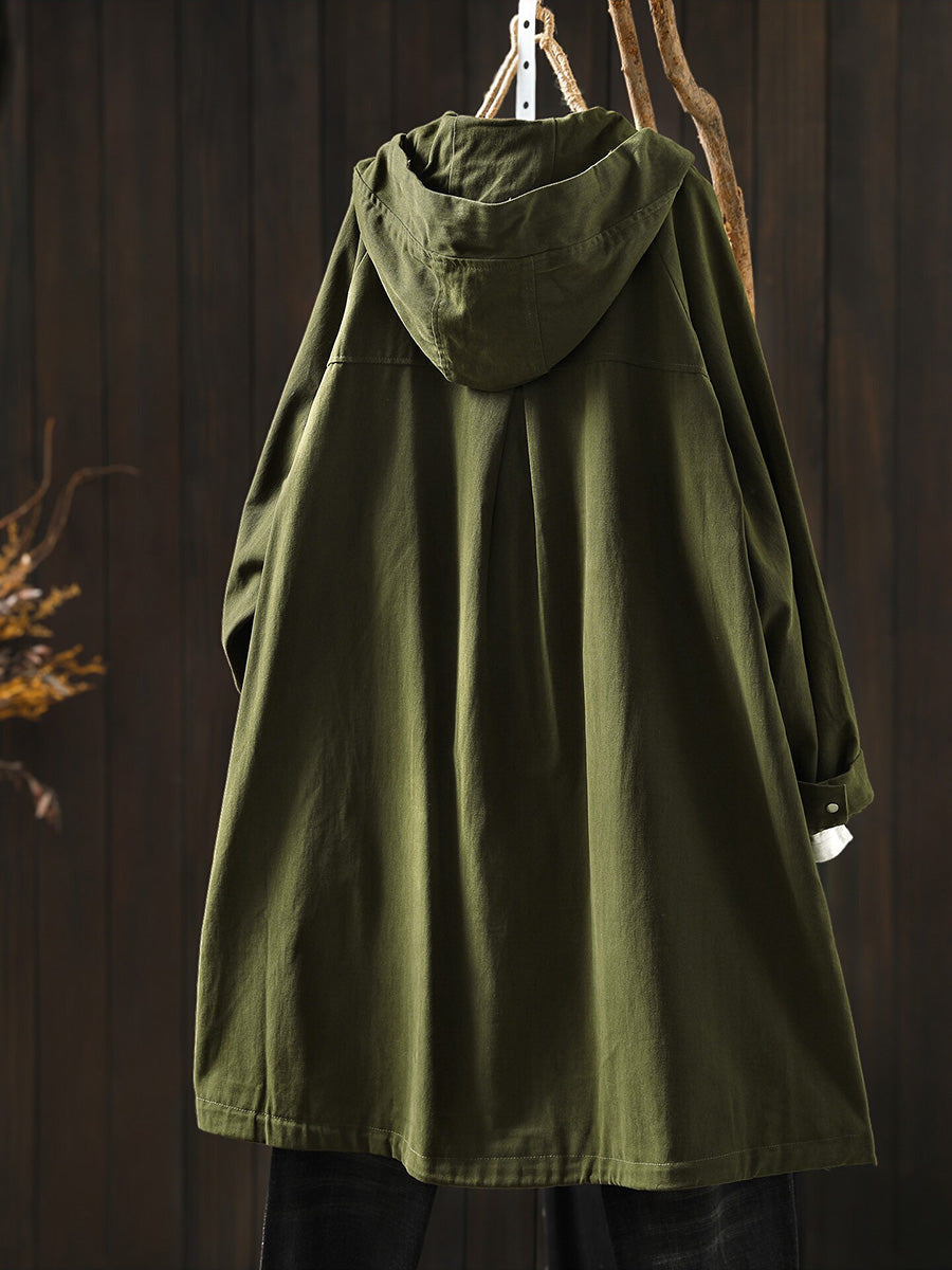 Plus Size Women Fall Casual Solid Color Mid Length Hooded Trench Coat
