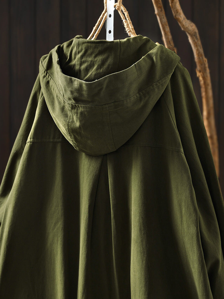 Plus Size Women Fall Casual Solid Color Mid Length Hooded Trench Coat