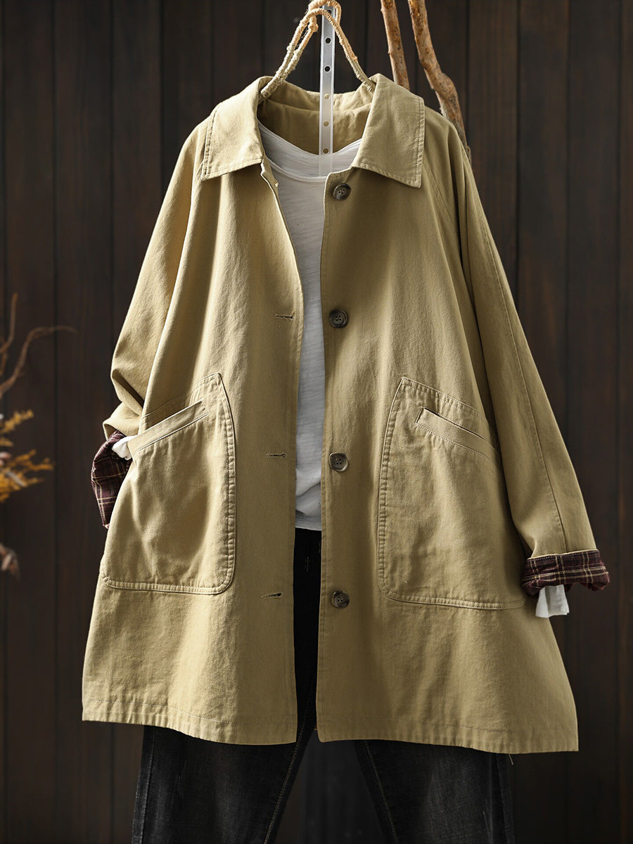 Plus Size Women Autumn Artistic Casual Mid-Length 100% Cotton Coat