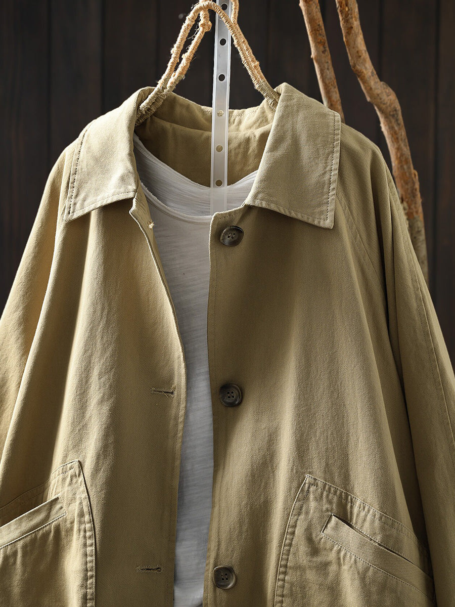 Plus Size Women Autumn Artistic Casual Mid-Length 100% Cotton Coat