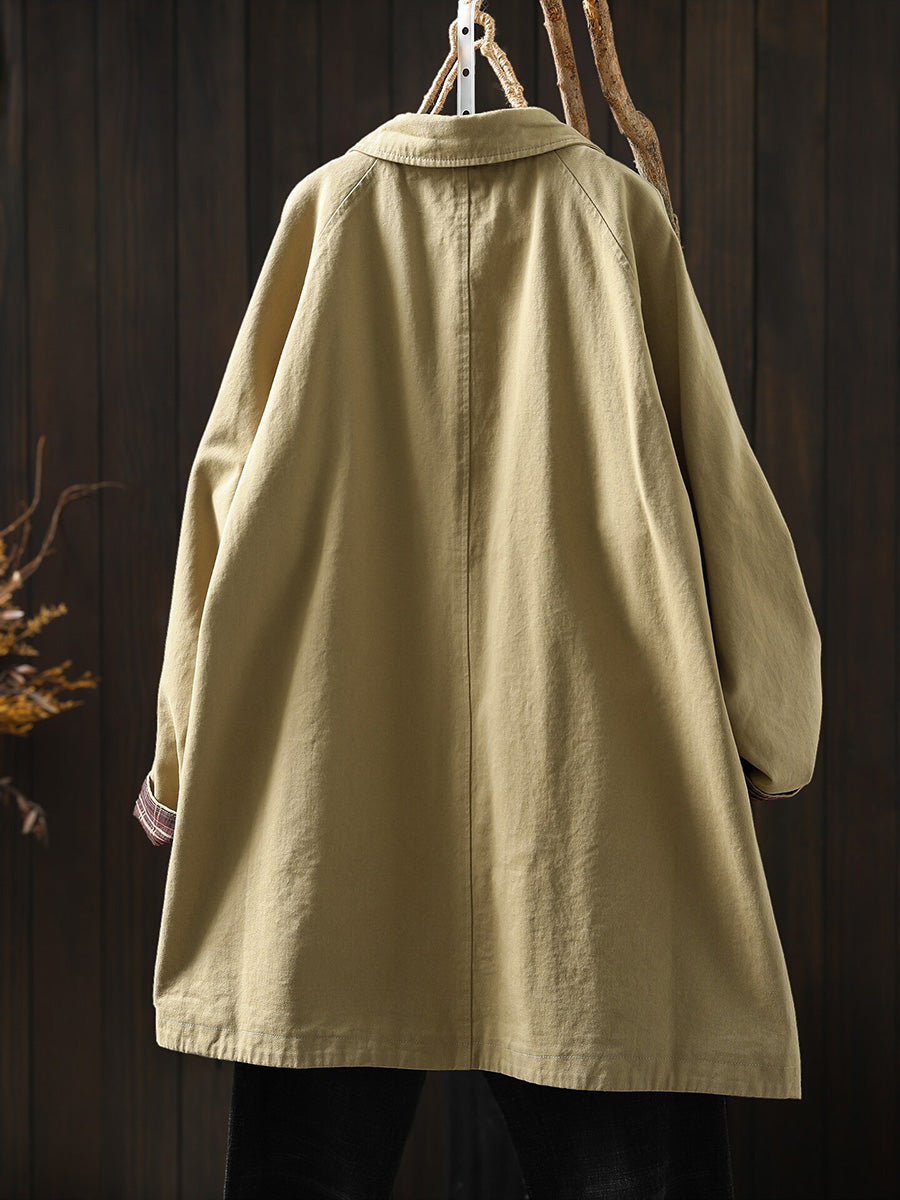Plus Size Women Autumn Artistic Casual Mid-Length 100% Cotton Coat