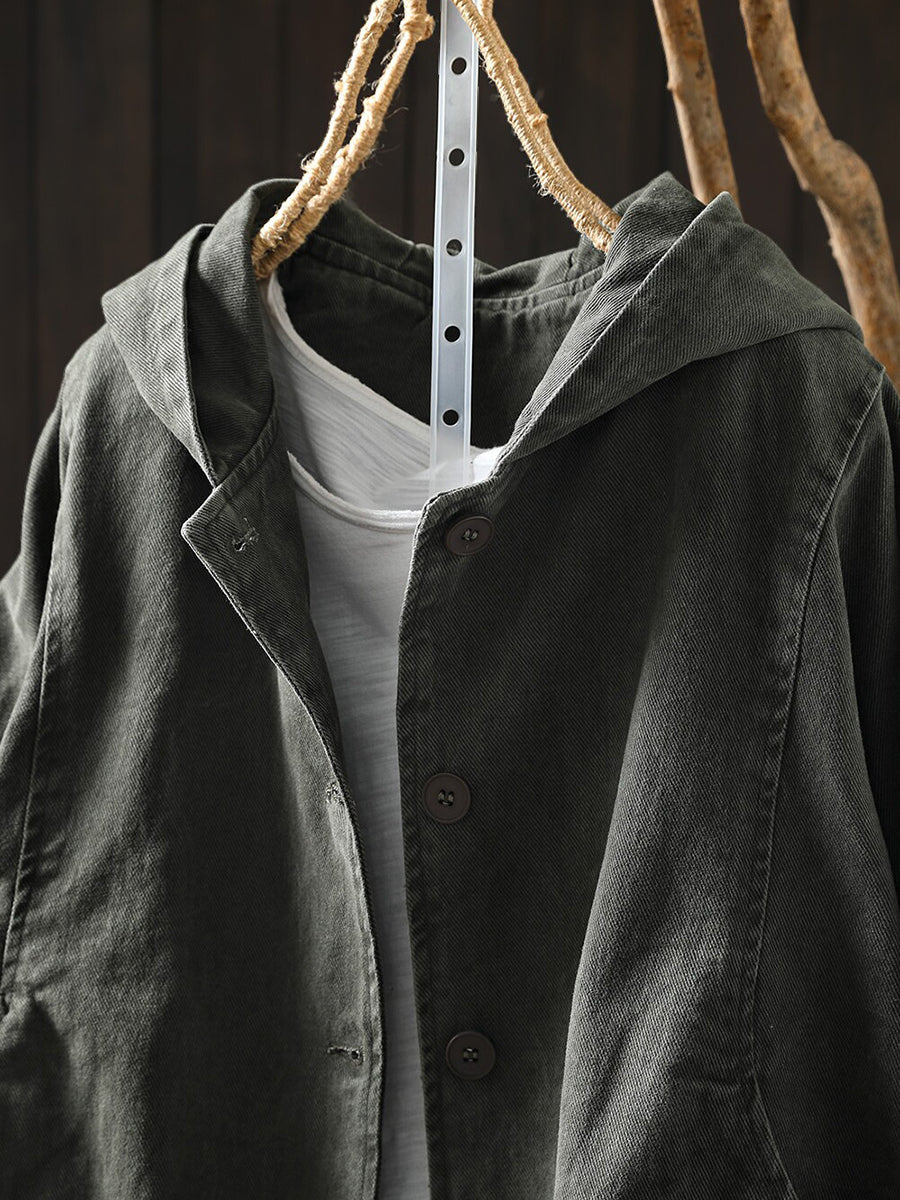 Women Autumn Vintage Casual Cotton Hooded Jacket