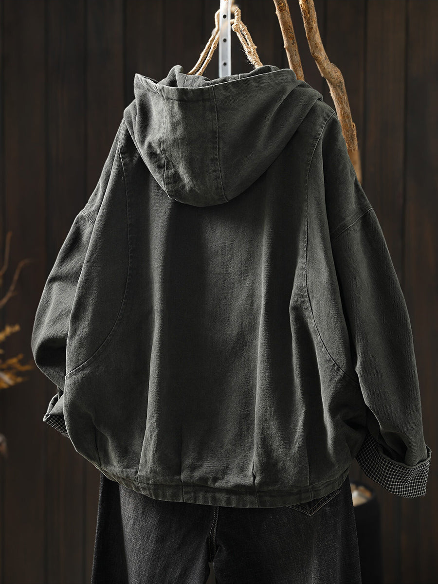 Women Autumn Vintage Casual Cotton Hooded Jacket