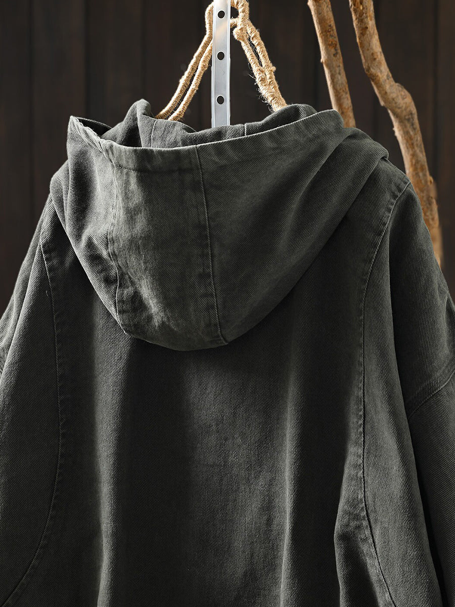 Women Autumn Vintage Casual Cotton Hooded Jacket