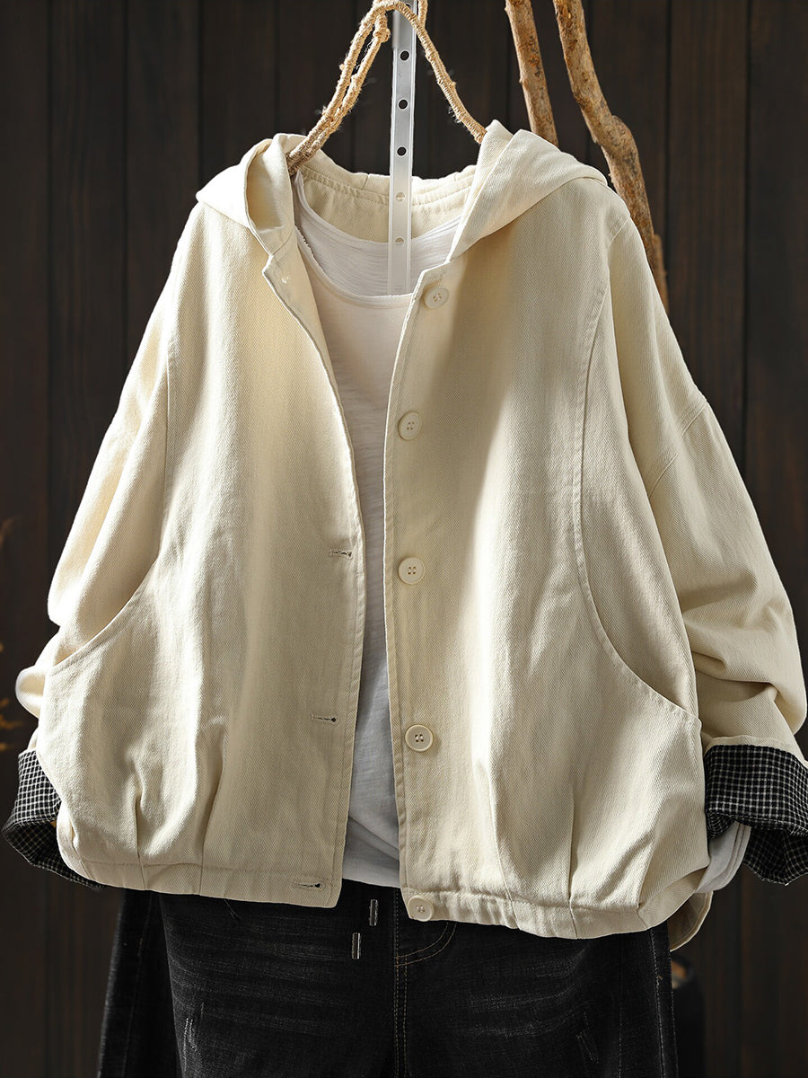Women Autumn Vintage Casual Cotton Hooded Jacket