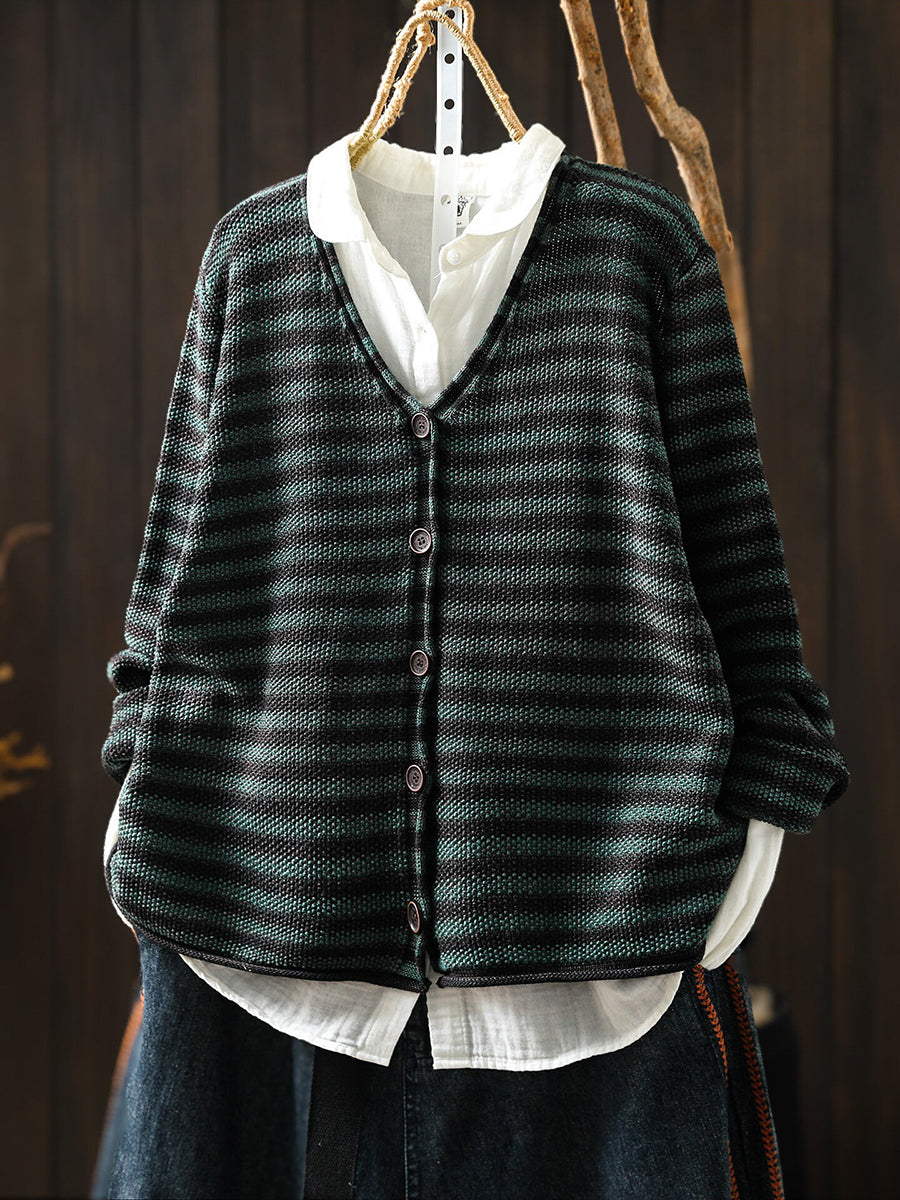 Women Autumn Artistic Striped Long Sleeve V-Neck Knitted Cardigan